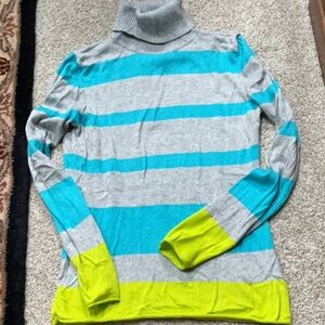 Striped Gray, Blue, and Yellow Turtleneck Sweater